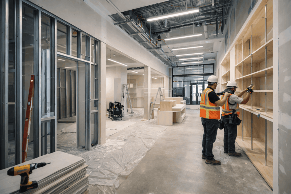 SGM Builders Construction Workers in Safety Gear on Commercial Interior Build Out Bay Area California - Professional Commercial Construction Crew by General Contractor