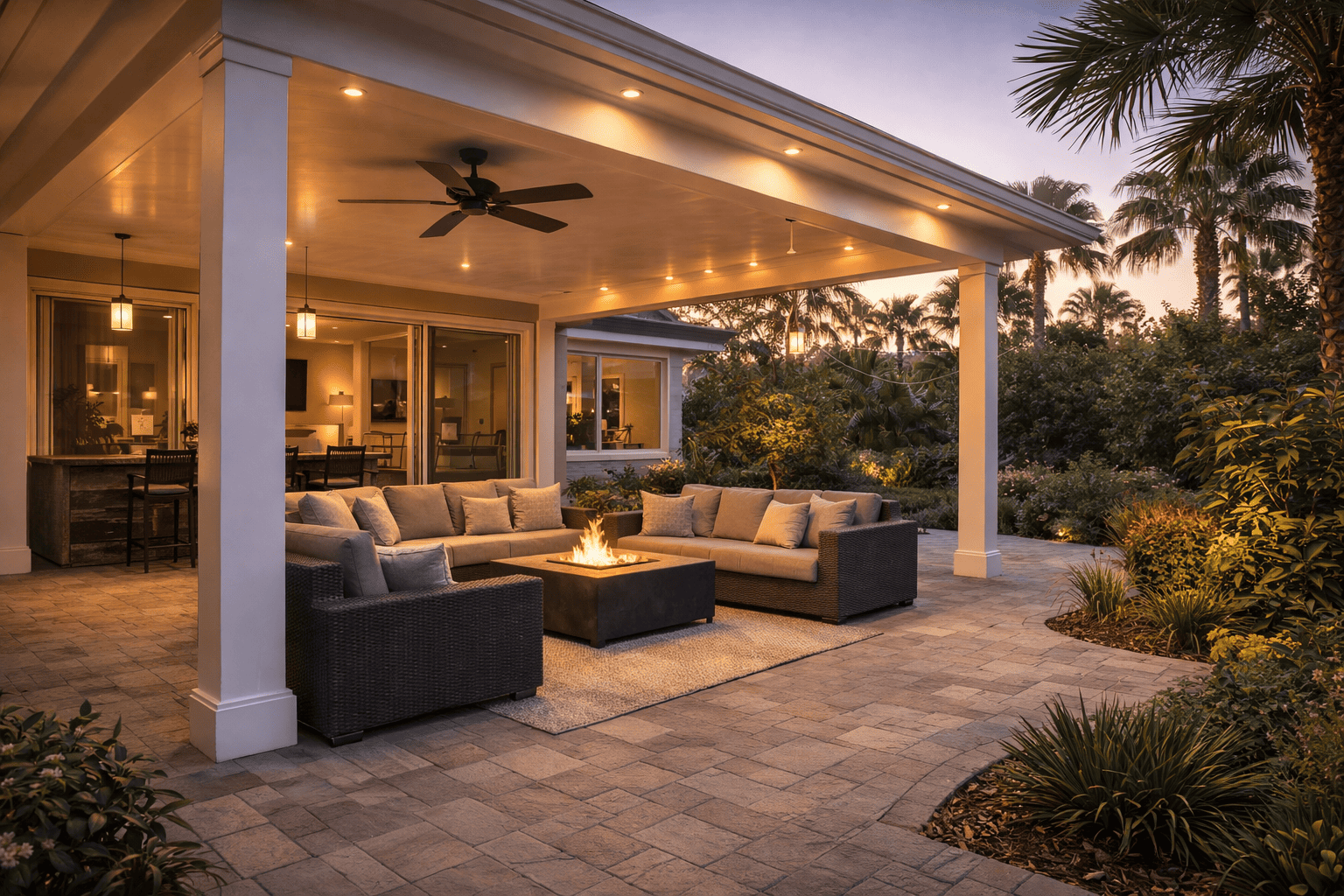 SGM Builders Covered Patio Lounge with Fire Pit and Ceiling Fan Bay Area California - Outdoor Living Room by General Contractor