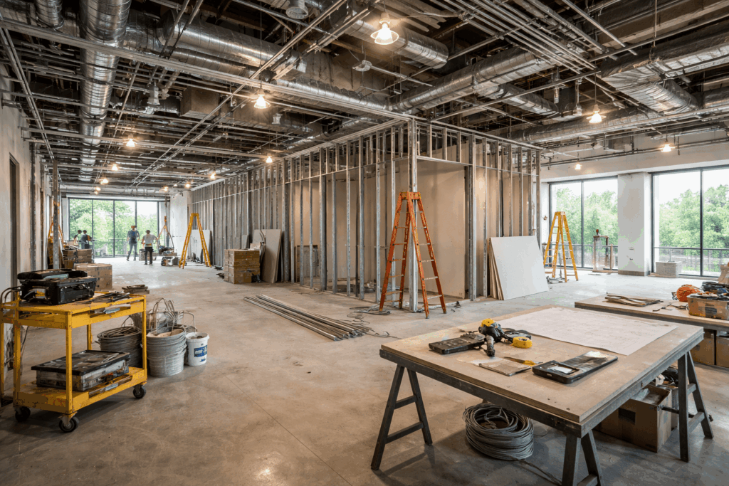 SGM Builders Active Commercial Construction Site with Workers and Equipment Bay Area California - Commercial Building Interior Renovation by General Contractor