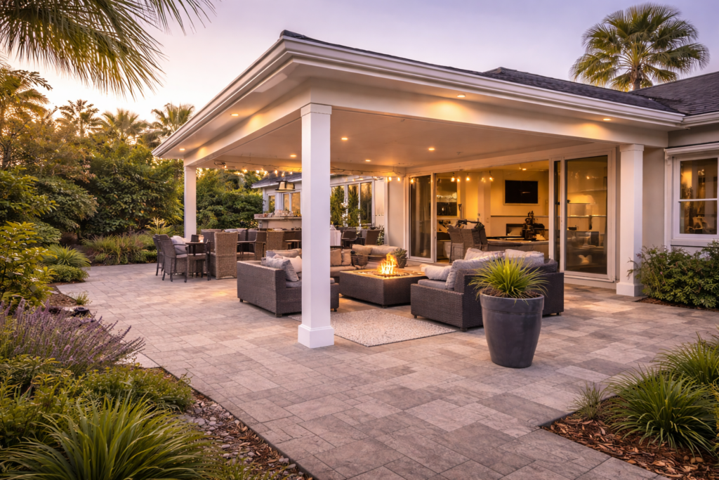 SGM Builders Large Covered Patio with Fireplace and Outdoor Seating Bay Area California - Premium Patio Construction by General Contractor