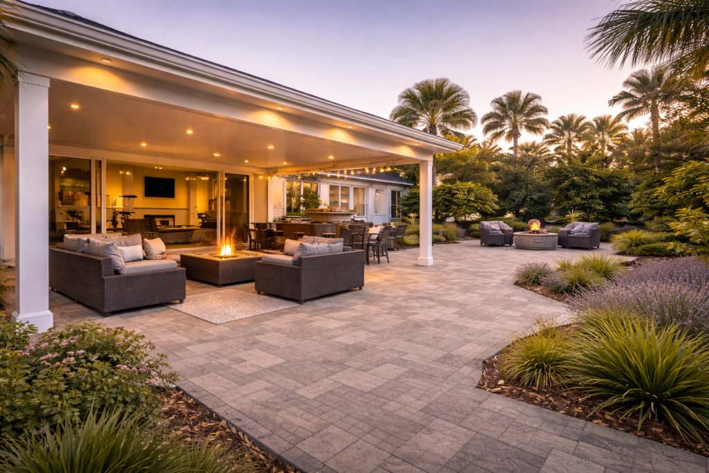 SGM Builders Luxury Covered Patio with Outdoor TV and Fire Pit Bay Area California - Backyard Entertainment Area by General Contractor