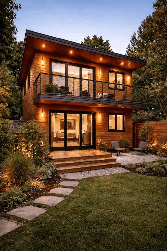 Backyard patio with pergola and outdoor seating area in Bay Area California home
