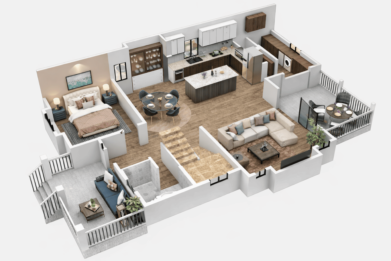 SGM Builders 3D Rendered Floor Plan with Open Concept Kitchen Living Room and Bedrooms Bay Area California - Custom Home Interior Design and Plans by General Contractor