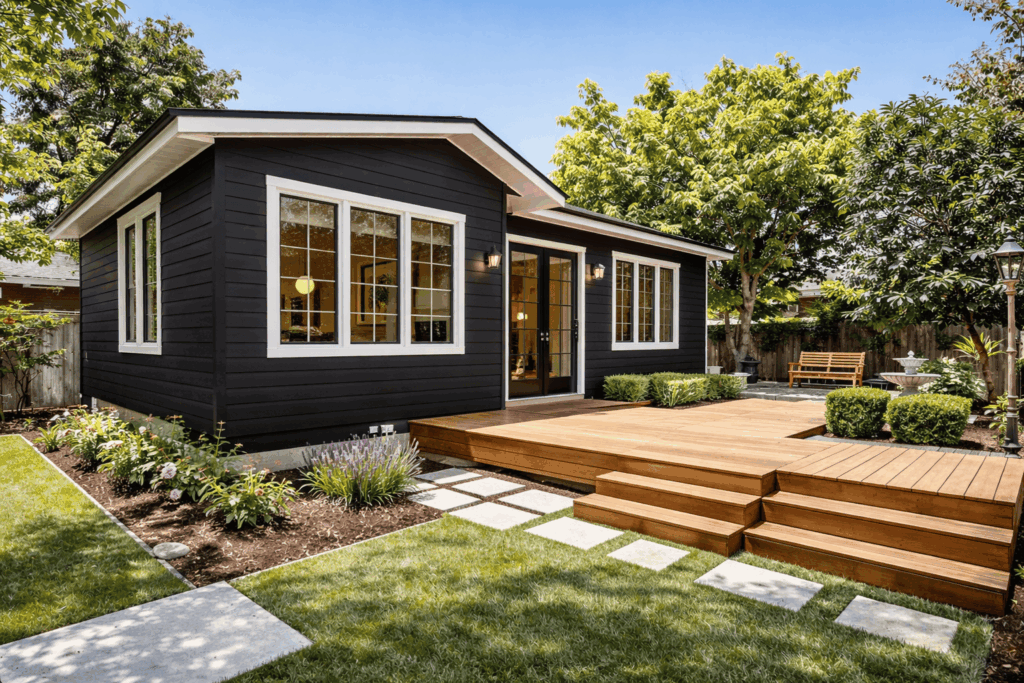 Backyard patio with pergola and outdoor seating area in Bay Area California home