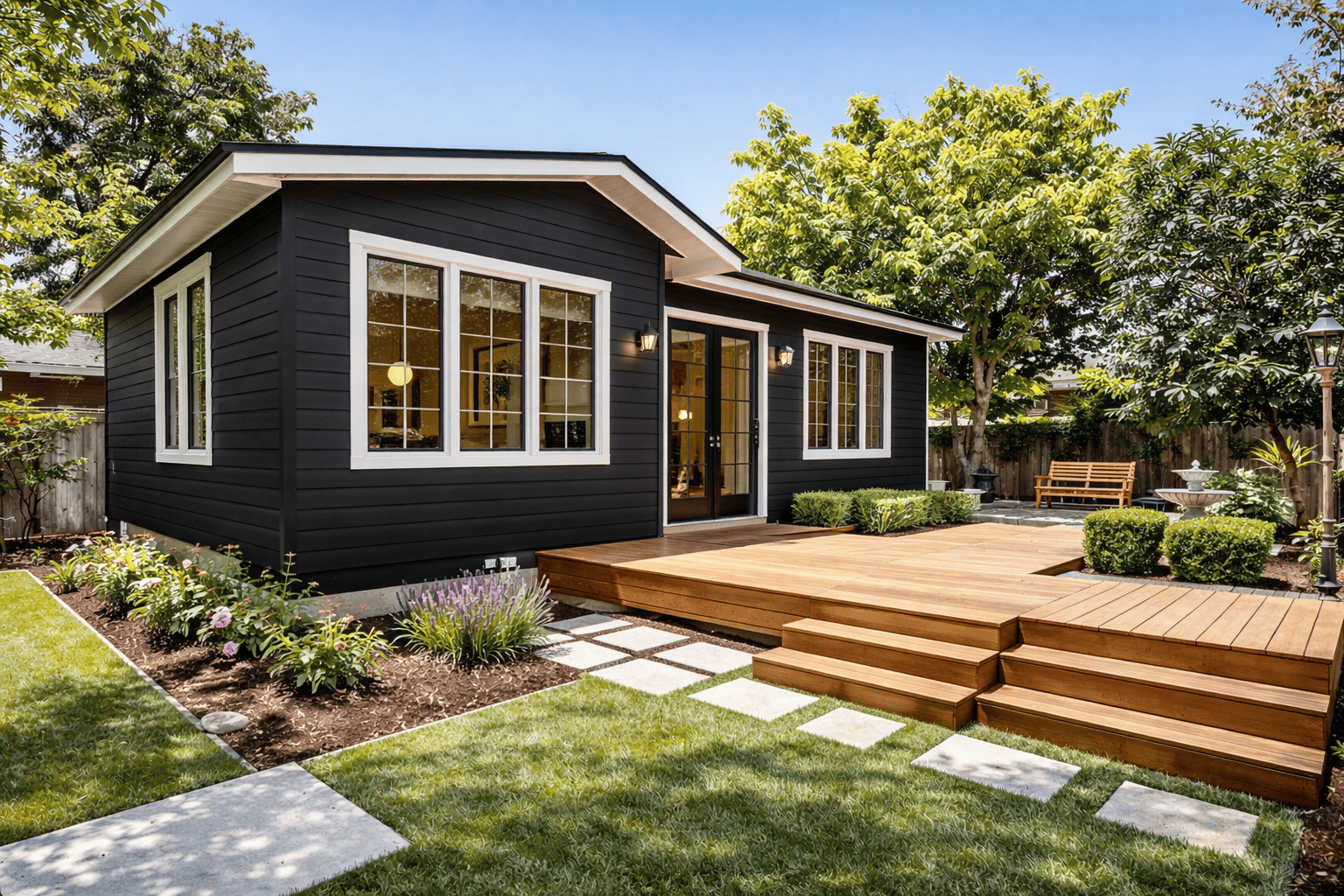 Backyard patio with pergola and outdoor seating area in Bay Area California home