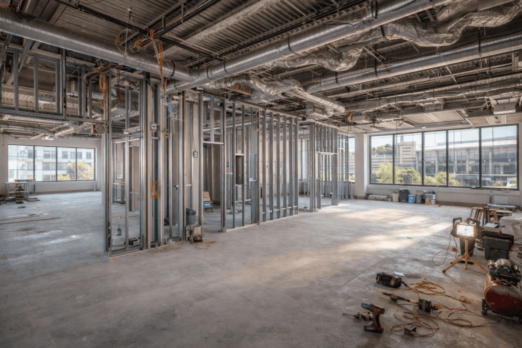 SGM Builders Commercial Interior Construction with Steel Stud Framing and Ductwork Bay Area California - Tenant Improvement and Commercial Build Out by General Contractor