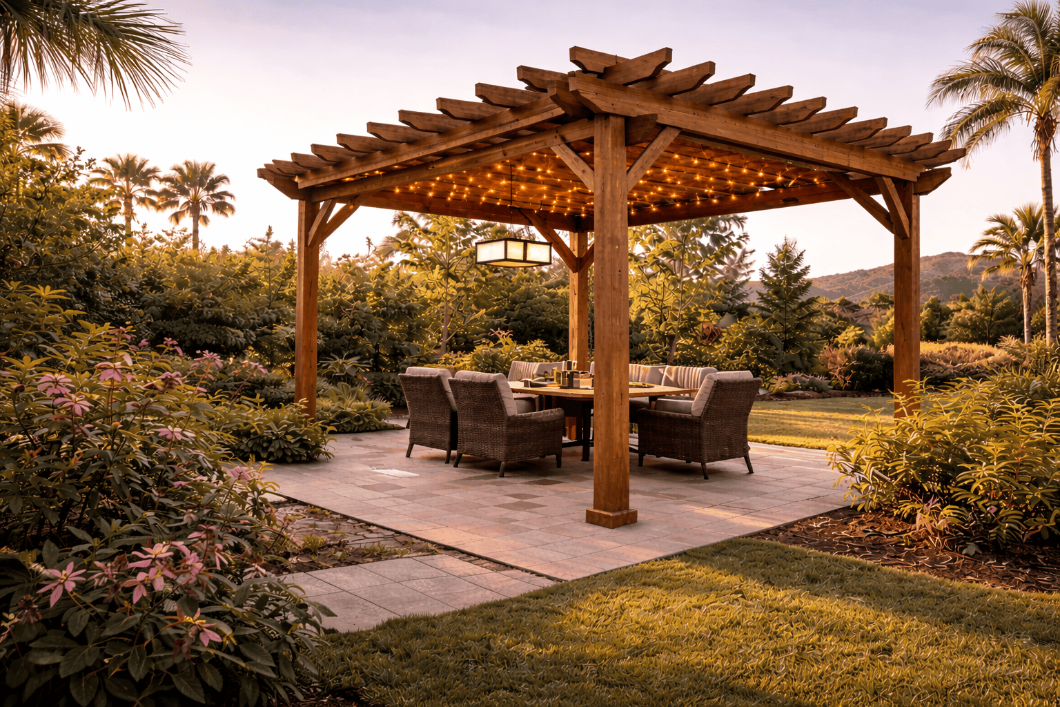 SGM Builders Custom Wood Pergola with String Lights Bay Area California - Outdoor Dining Pergola by General Contractor