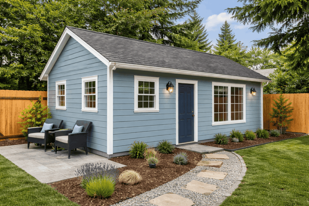 Two-story modern ADU with balcony and exterior lighting in Bay Area California