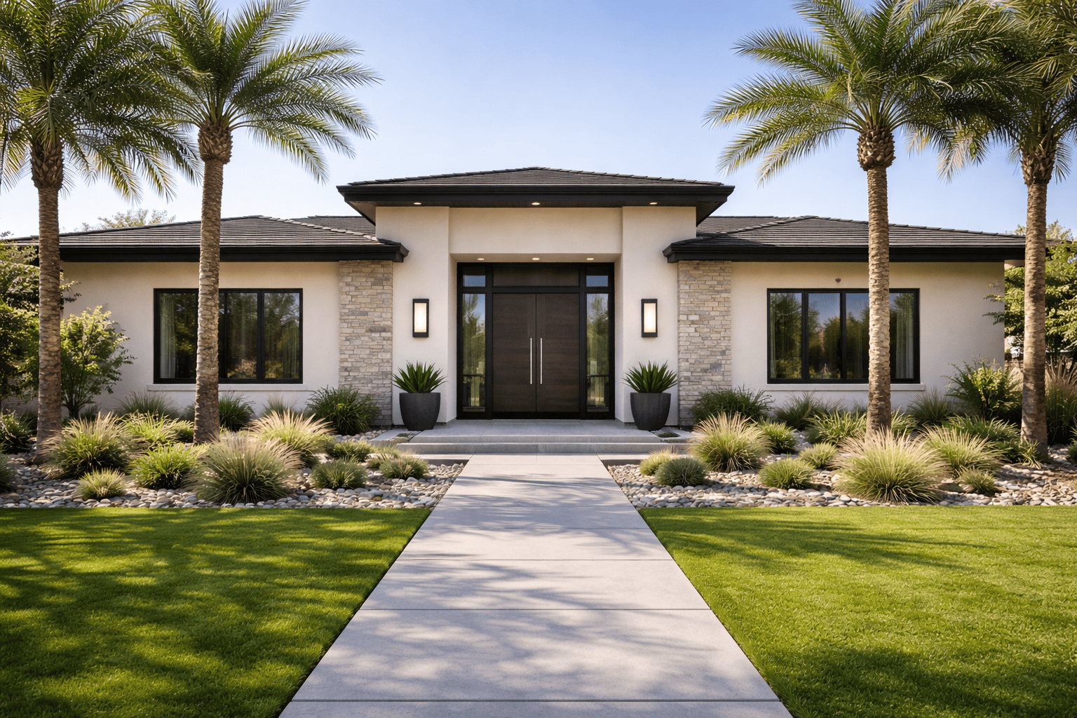 SGM Builders Modern Home Exterior Front Entrance with Concrete Walkway Palm Trees and Landscaping Bay Area California - Front Yard Hardscaping and Curb Appeal by General Contractor