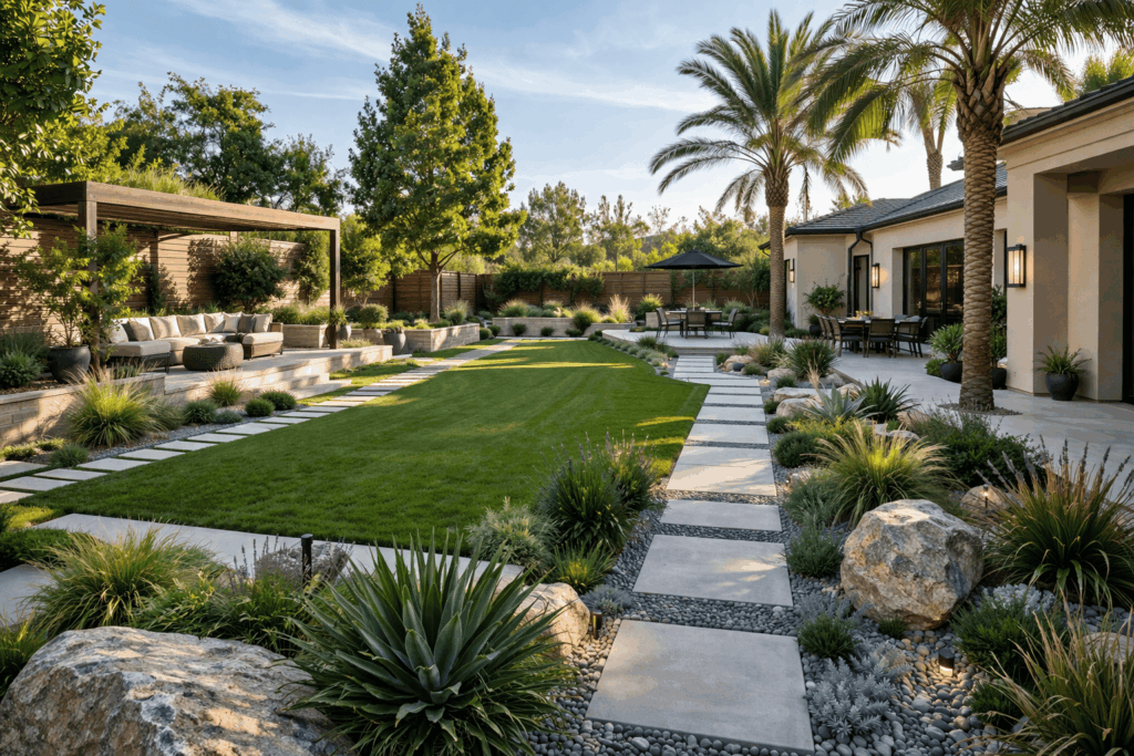 SGM Builders Large Backyard Landscape Design with Stepping Stone Walkway Pergola and Green Lawn Bay Area California - Professional Hardscaping and Landscaping Services by General Contractor