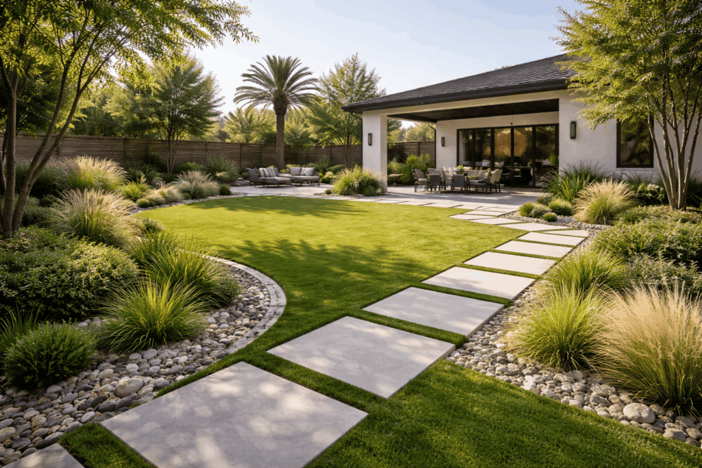 SGM Builders Modern Backyard with Concrete Stepping Stones Ornamental Grasses and Palm Tree Bay Area California - Professional Hardscaping and Landscaping by General Contractor