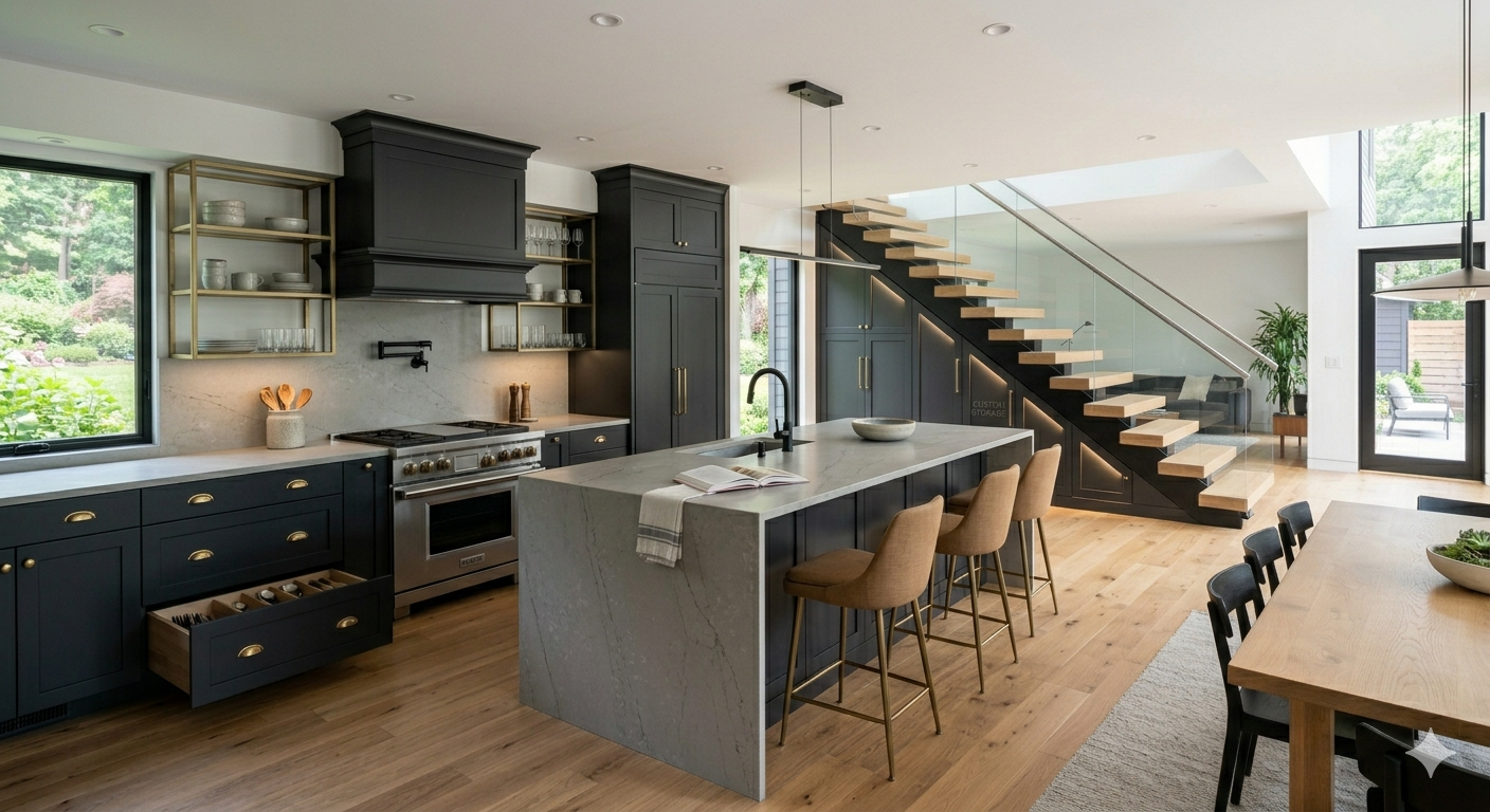 SGM Builders Dark Green Kitchen Remodel with Brass Hardware Bay Area California - Custom Kitchen Cabinetry by General Contractor