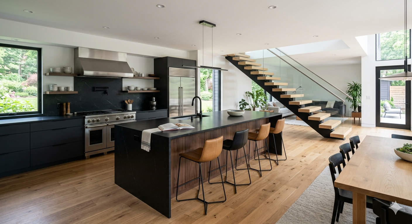 SGM Builders Luxury Modern Kitchen with Dark Cabinets and Floating Stairs Bay Area California - High-End Kitchen Remodel by General Contractor
