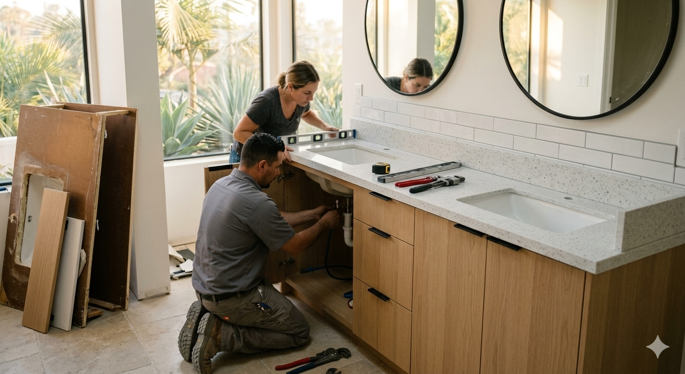 Bathroom vanity installation and plumbing work by general contractor in Bay Area California