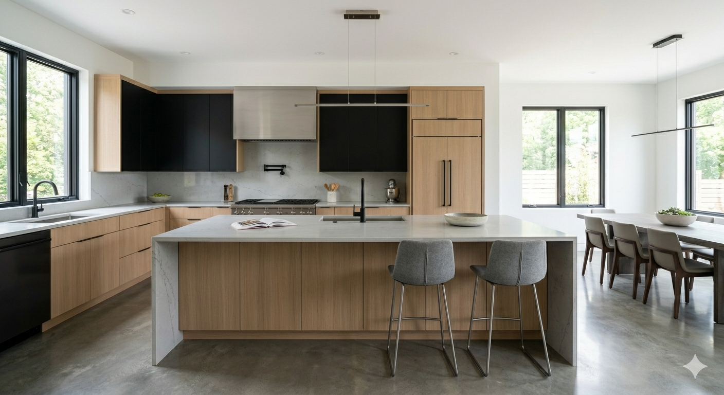 SGM Builders Modern Two-Tone Kitchen with Wood and Dark Cabinets Bay Area California - Custom Kitchen Renovation by General Contractor