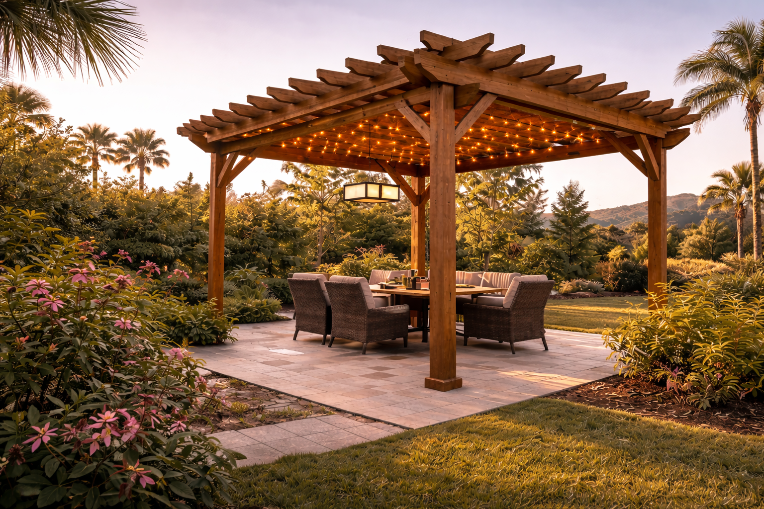SGM Builders Wooden Pergola with String Lights at Sunset Bay Area California - Custom Outdoor Pergola and Landscaping by General Contractor