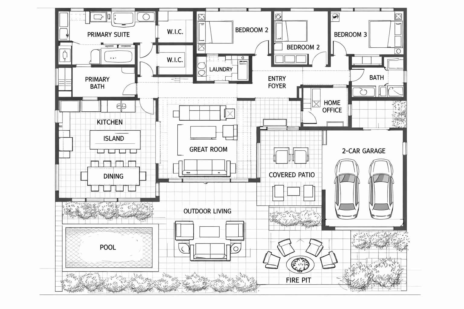 SGM Builders Custom Home Floor Plan with Primary Suite Kitchen Great Room Pool and Outdoor Living Bay Area California - Residential Design and Construction Plans by General Contractor