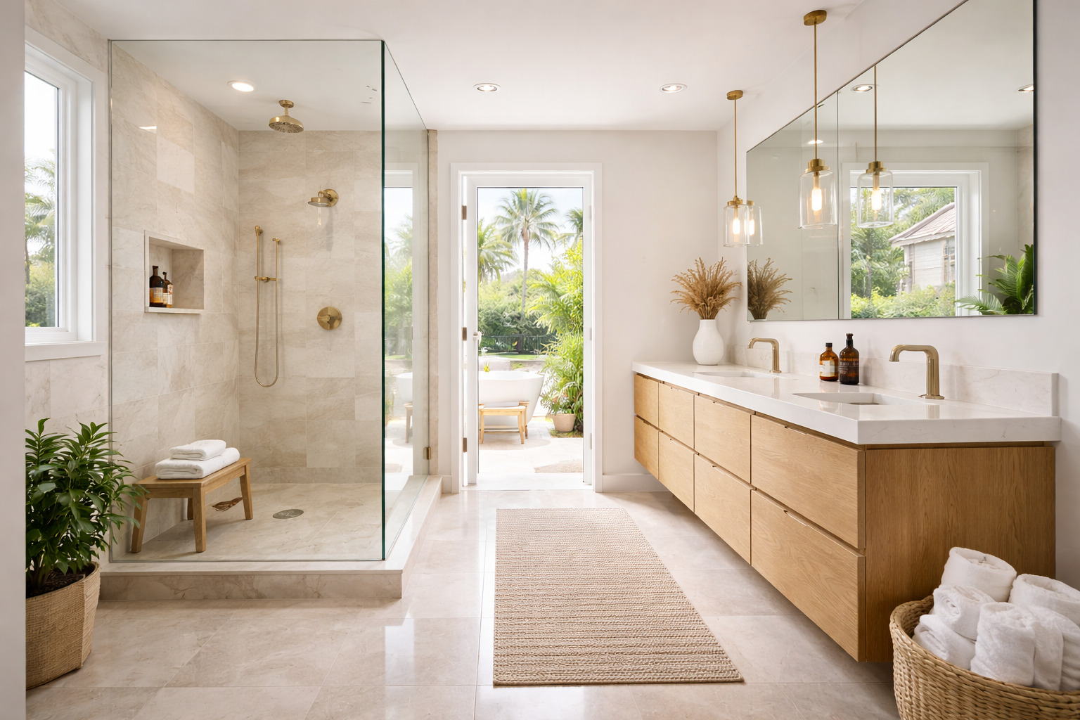 Luxury bathroom remodel with double vanity, walk-in shower and outdoor view in Bay Area California