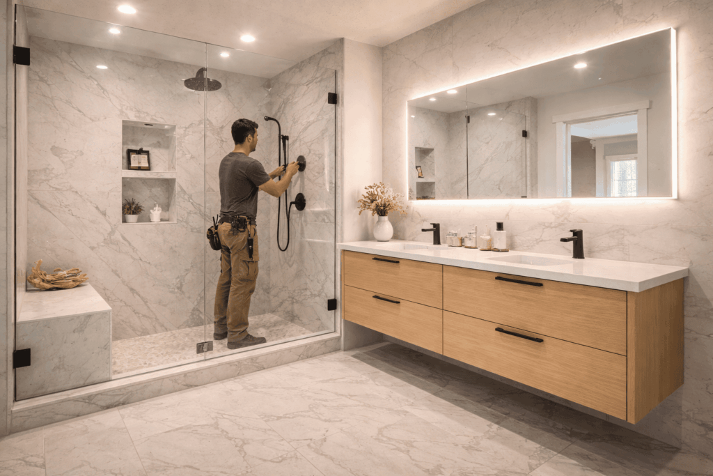 SGM Builders Modern Bathroom Remodel with Marble Shower Bay Area California - Luxury Bathroom Renovation by General Contractor