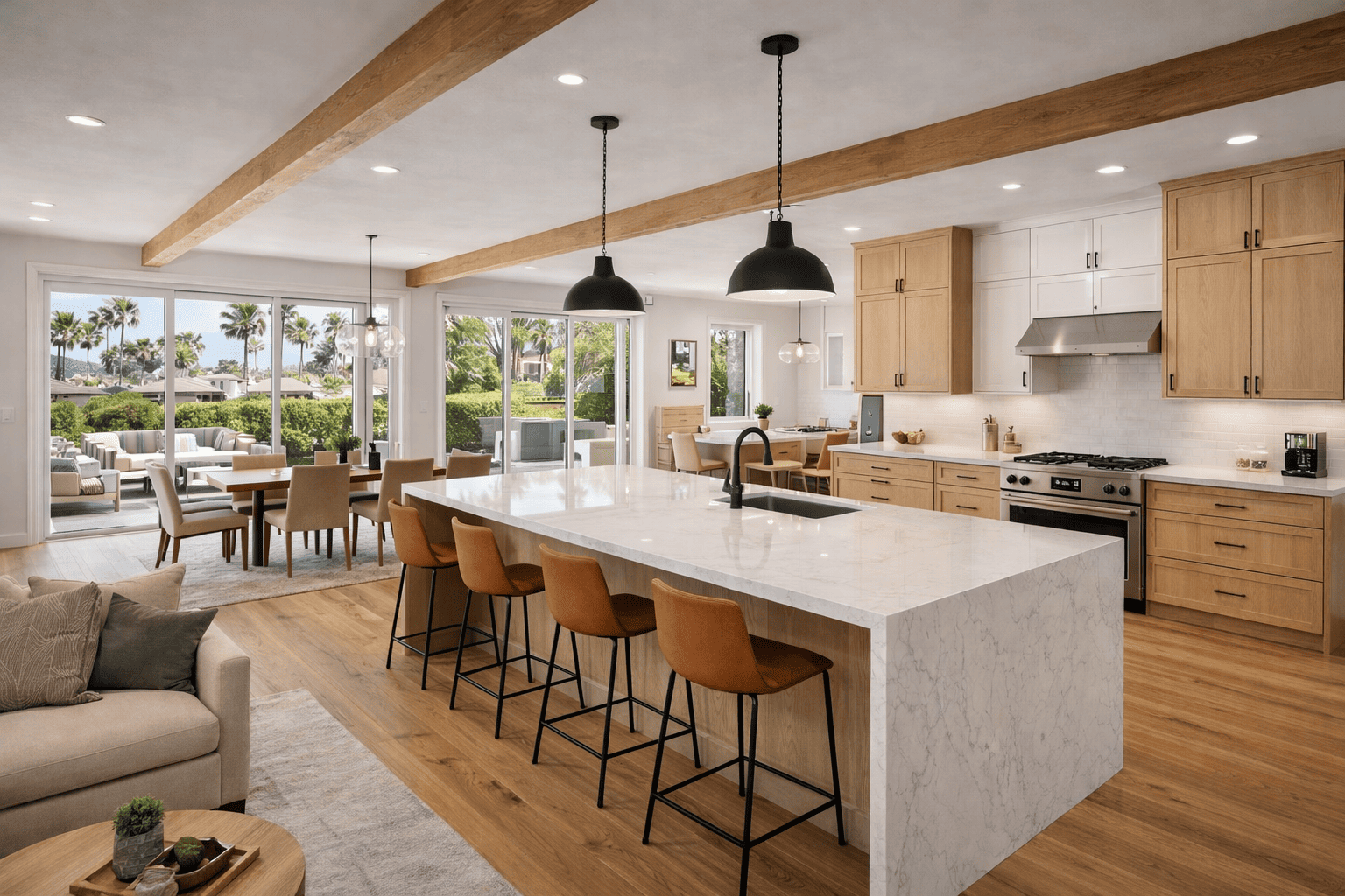 SGM Builders Open Concept Kitchen Remodel with Island and Wood Beams Bay Area California - Kitchen Renovation by General Contractor