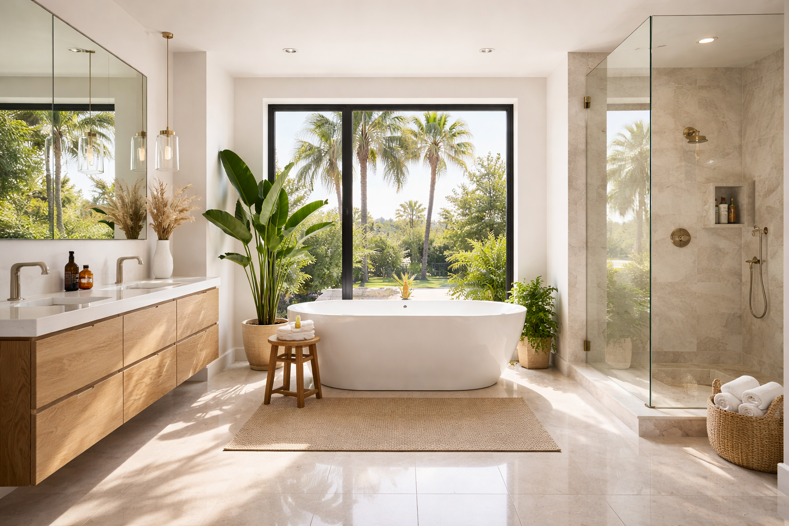 Luxury spa bathroom with freestanding tub, walk-in glass shower and natural light in Bay Area California