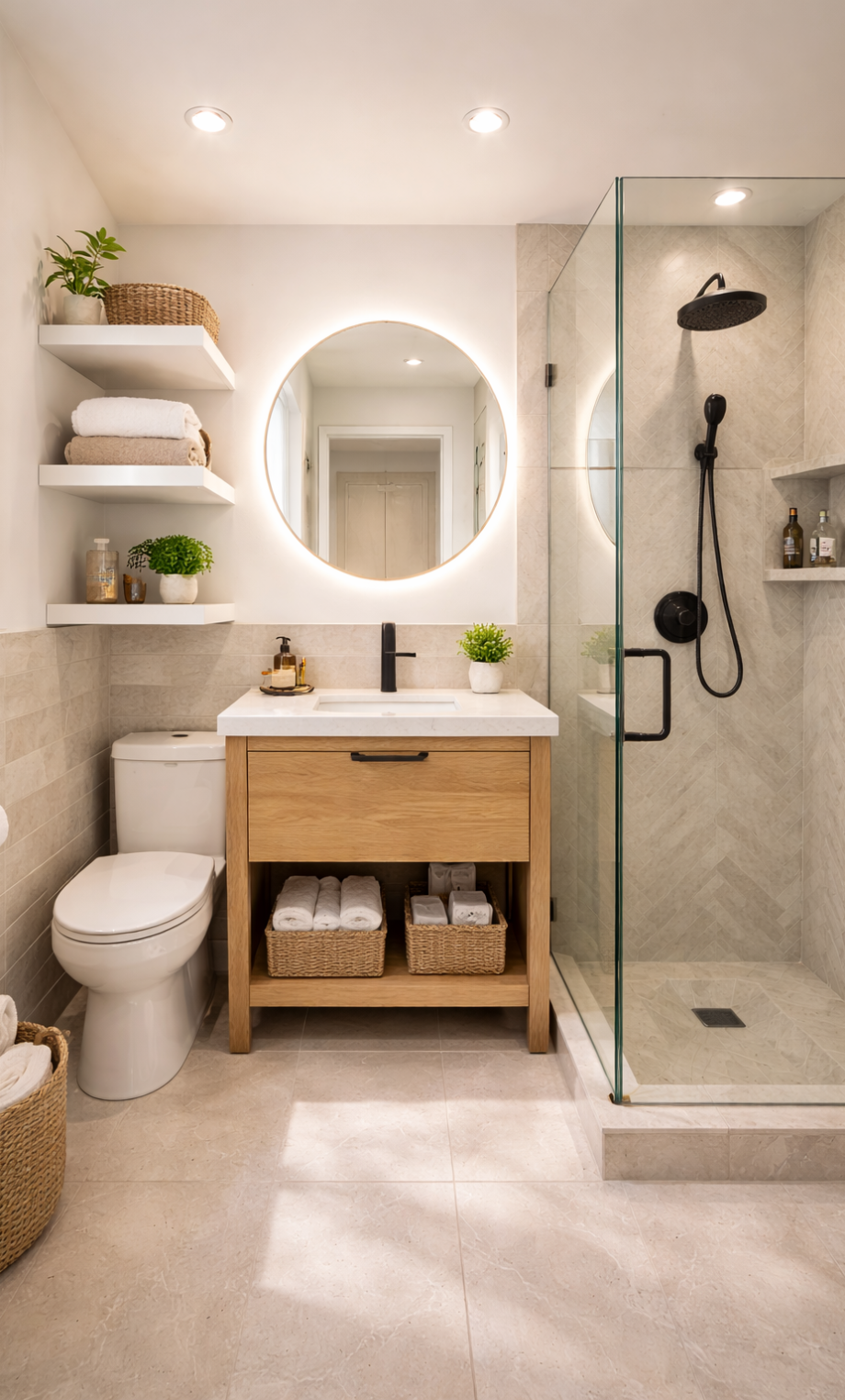 Small bathroom remodel with modern vanity, glass shower and round mirror in Bay Area California