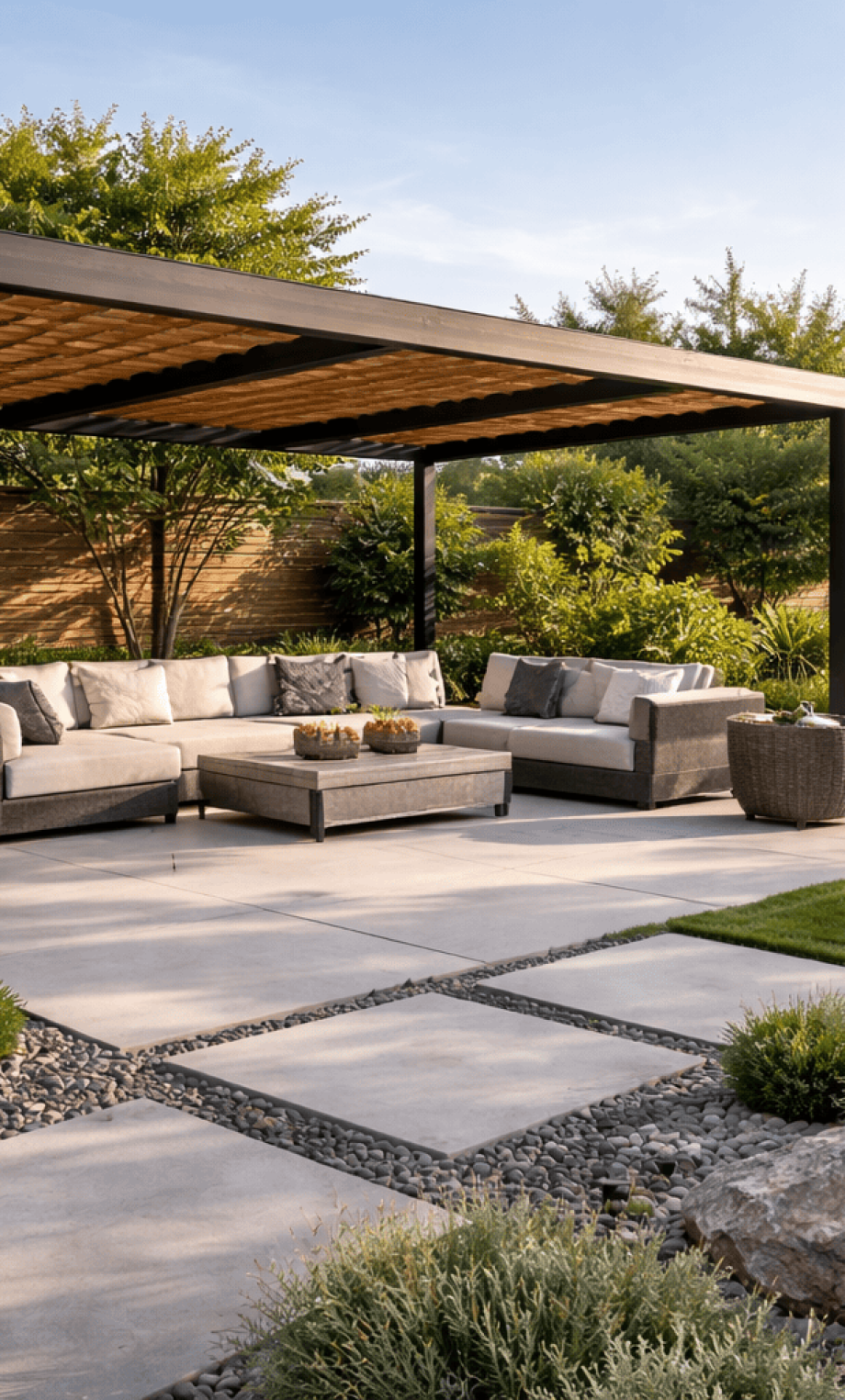 SGM Builders Backyard Pergola with Sectional Sofa and Green Lawn Landscaping Bay Area California - Custom Hardscaping and Outdoor Living Design by General Contractor