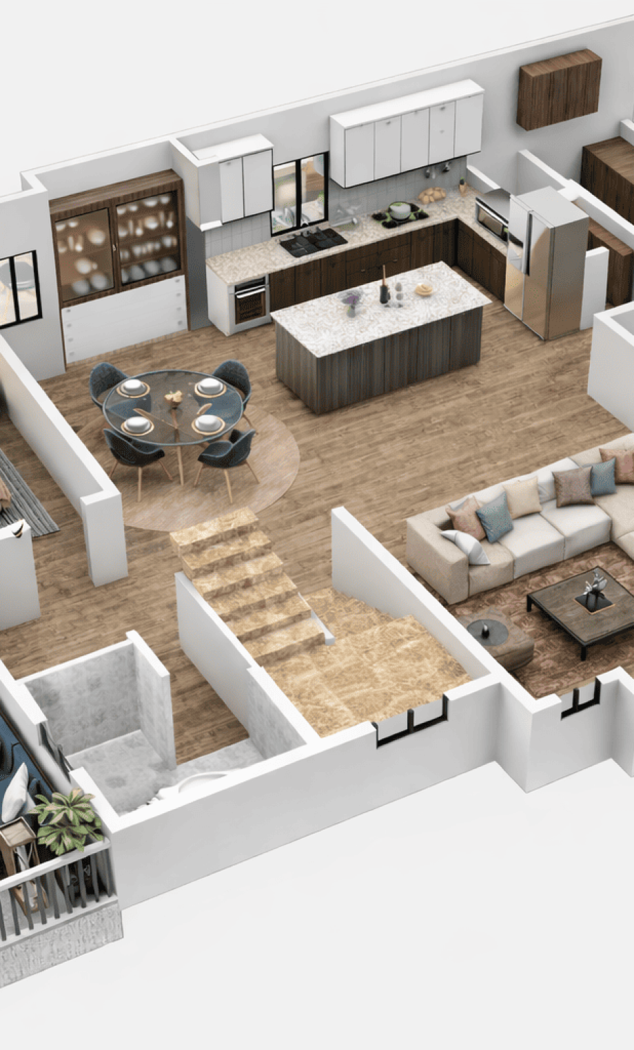 SGM Builders 3D Rendered Floor Plan with Open Concept Kitchen Living Room and Bedrooms Bay Area California - Custom Home Interior Design and Plans by General Contractor
