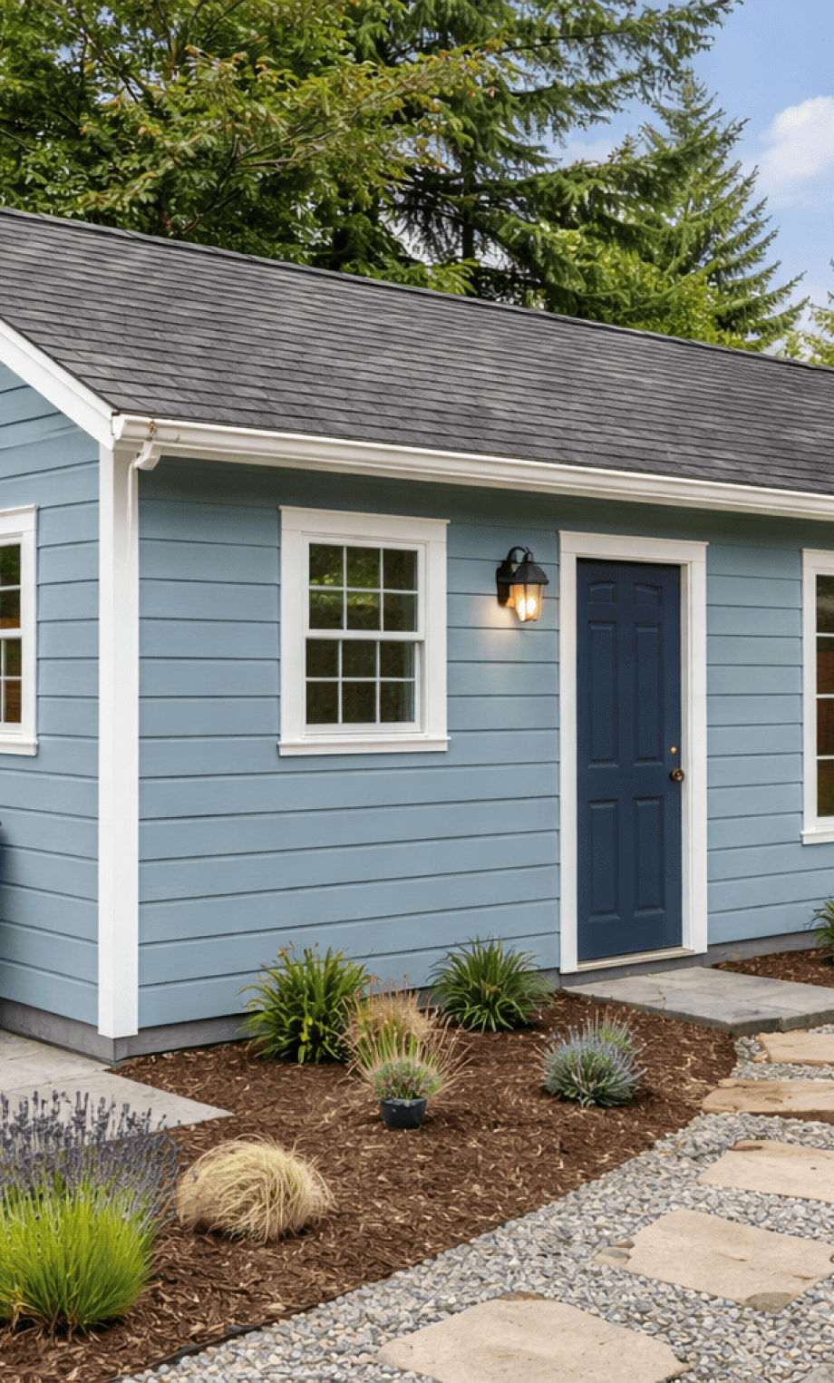 Two-story modern ADU with balcony and exterior lighting in Bay Area California