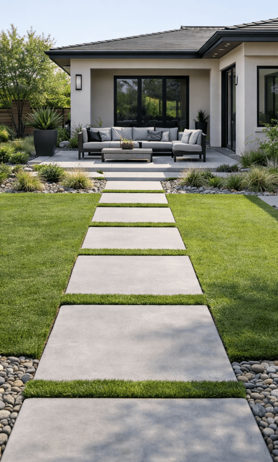 SGM Builders Backyard Stepping Stone Pathway with Green Lawn and River Rock Landscaping Bay Area California - Hardscaping Walkway and Garden Design by General Contractor