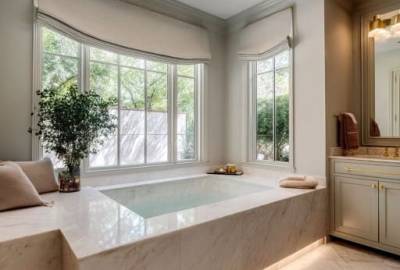 Luxury bathroom remodeling with modern bathtub and large windows in Gilroy California
