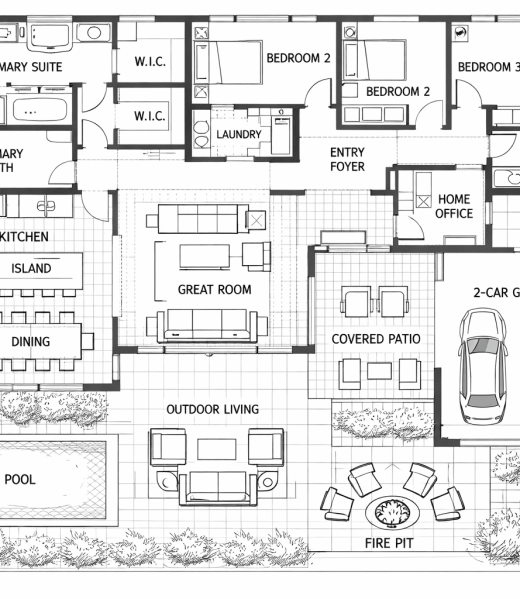 SGM Builders Custom Home Floor Plan with Primary Suite Kitchen Great Room Pool and Outdoor Living Bay Area California - Residential Design and Construction Plans by General Contractor